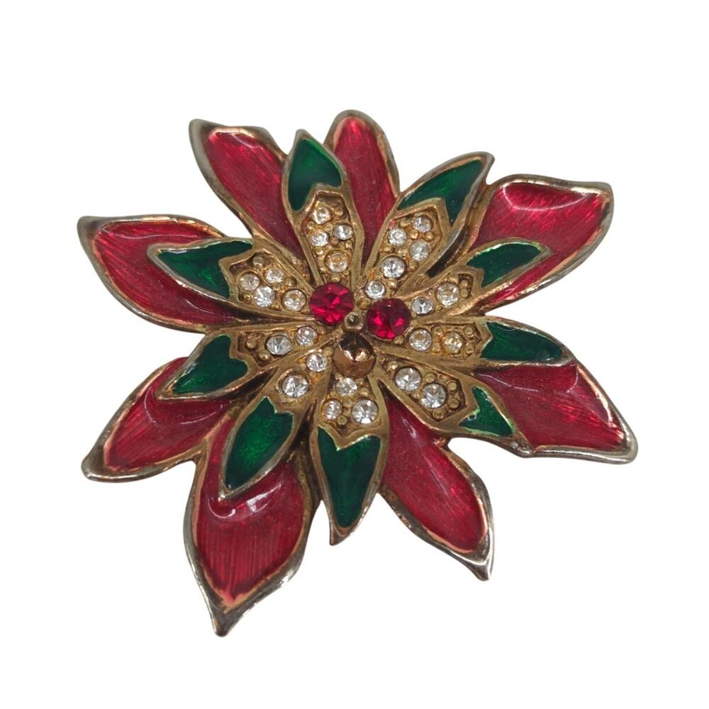 Vintage Tanya Creations Enamel Rhinestone Poinsettia Christmas Brooch Holiday